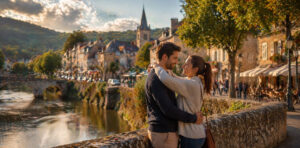 Couple se rapprochant dans un village de province illustrant la rencontre amoureuse en milieu rural